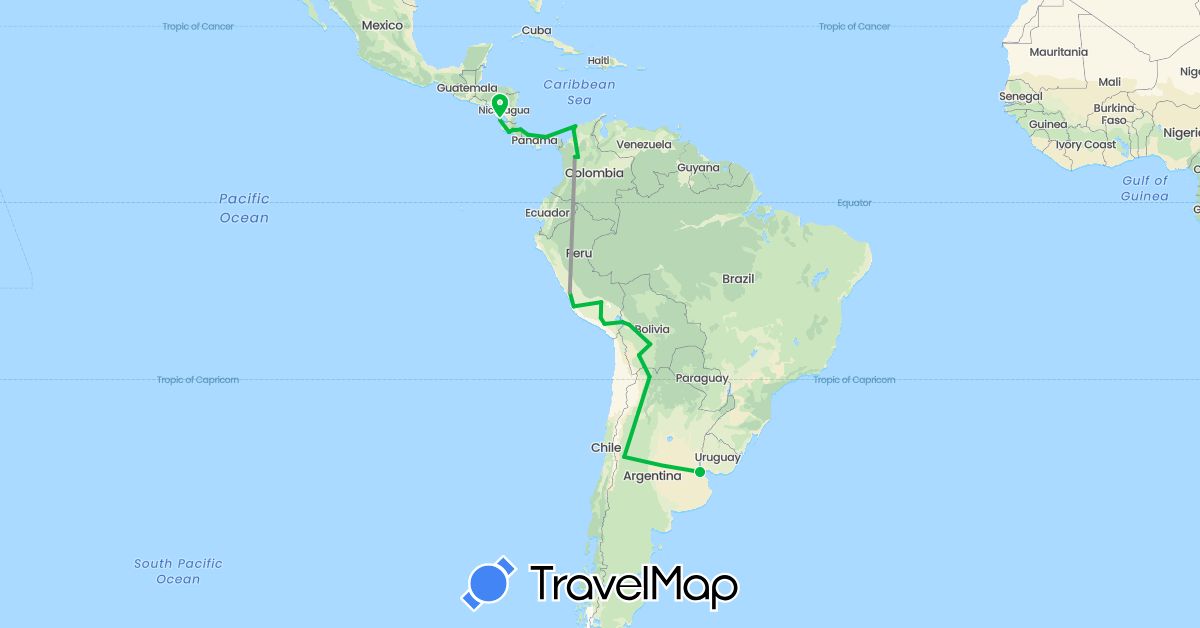 TravelMap itinerary: driving, bus, plane in Argentina, Bolivia, Colombia, Costa Rica, Nicaragua, Panama, Peru (North America, South America)